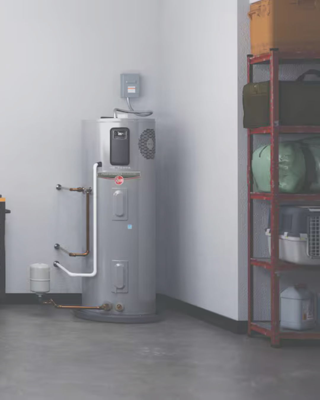 Hybrid water heater in the corner of a room